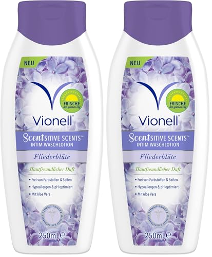 Vionell Intimwaschlotion Frauen Scentsitive Scents, Mit Aloe Vera, Ganztägige Frische, Hypoallergen, Fliederblüte Duft, 250 ml (Packung mit 2)