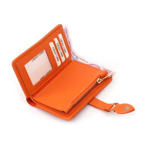 Glume Small Women Wallet Trifold Leather Mini Purse with Zipper, Credit Card Holder with ID Window Ladies (Orange)4