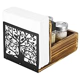 MyGift Rustic Burnt Wood Table Serving Caddy Napkin Holder and 4 Slot Spice and Condiment Storage with Black Metal Tree of Life Design