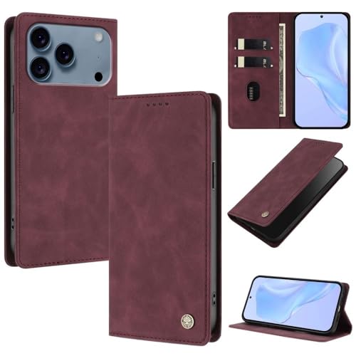 Étui en cuir iPhone 17 Pro rouge vin rétro clapet magnétique de qualité supérieure