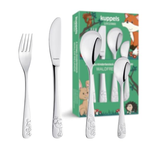 Kuppels Couverts pour Enfants | 4 pièces | Acier Inoxydable | Gaufré Couverts pour Enfants à partir de 3 Ans pour garçons et Filles (Forêt)