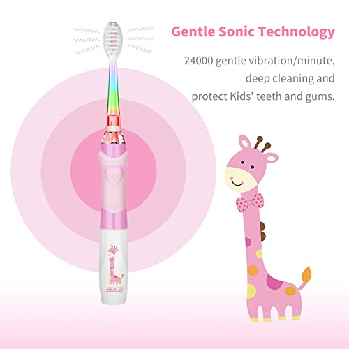 Seago Elektrische Zahnbürste Kinder ab 3-12 jahre Kinderzahnbürsten Elektrisch mit Farbigem Licht Smart Timer 8 Weich Bürstenköpfes Wasserdicht Baby Schallzahnbürste SG977 (Rosa-8) – Bild 7
