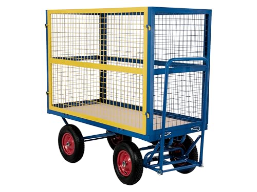 Turntable Trolley, Heavy Duty 1000kg Weight Capacity Blue Steel Site Platform Hand Truck Cart on Pneumatic Wheels with Ergonomic Handle (Mesh Cage)