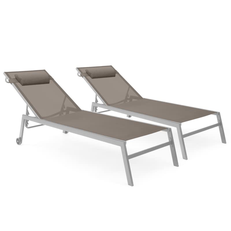 IDMarket - Lot de 2 transats de Jardin inclinables en Aluminium Cozumel Taupe avec roulettes