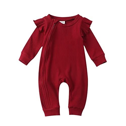 Image of Hearyoo Newborn Baby Girl Clothes Ruffle Sleeve Romper Solid Ribbed Bodysuit Jumpsuit Cute Infant Outfits for Girls