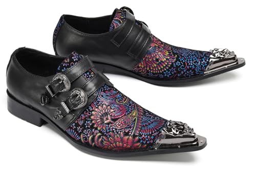 Santimon Men’s Genuine Leather Double Monk Strap Loafers Shoes, Stylish Fashion Paisley Print Mocasines with Metal Toe for Party Wedding Disco4