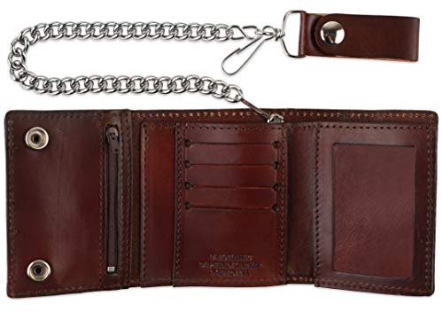Image of RFID Blocking Men's Tri-fold Vintage Biker Cowhide Leather Steel Chain Wallet,Snap closure, Made In USA,at315-42,eagle,brown