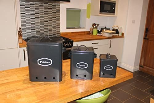 Gardening Naturally Black Kitchen Storage Tins, Set of 3 For Potatoes, Onion and Garlic