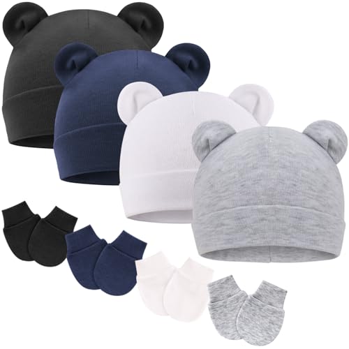 Image of AQOKKA Newborn Baby Bear Ear Hat and Mitten Sets No Scratch Infant Cotton Beanie Gloves Newborn Hospital Hat for Boy Girl
