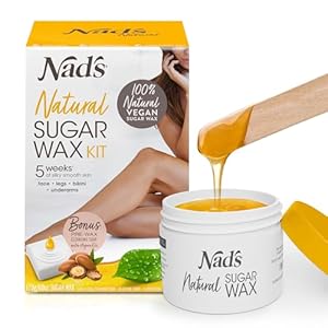 Nad’s 100% Natural Sugar Wax Kit, Vegan, Hypoallergenic, No-heat Formula Waxing Sugar Paste, Includes 6 Wooden Spatulas, 10 Reusable 100% Cotton Strips, 1 Pre-wax Cleansing Soap & Sugar Wax 170g
