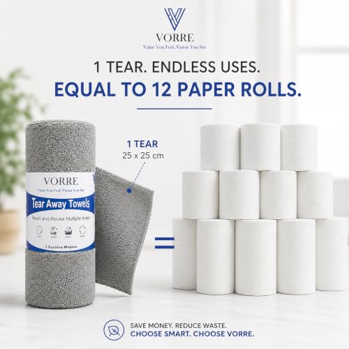 Image of Vorre Microfiber Cleaning Cloth Roll - Tear-Away Reusable Cleaning Towels for Kitchen, Home, Car & Office | Super Absorbent, Lint-Free, Scratch-Free Cleaning Cloths | 20 Pcs Roll (25 x 25 cm)
