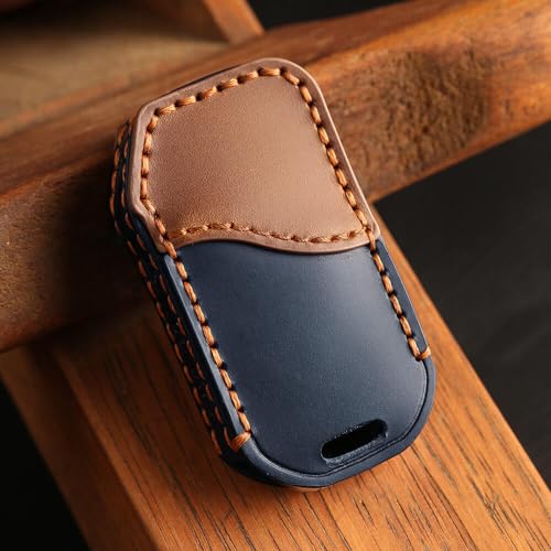 Image of keyzone Dual Leather Key Cover fit for Kia Carens Clavis, Seltos, Sonet 2023 Facelift Carens 4 Button smart Key (Blue-Brown)
