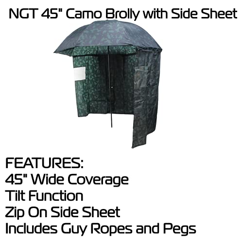 NGT Carp Fishing 45" Camo Umbrella Brolly System + Zip on Side Sheet & Tilt Function - Image 3