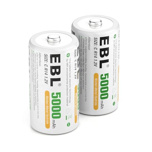Image of EBL C Size Rechargeable Batteries, 1.2V 5000mAh High-Capacity Ni-MH C Cell Batteries - Long Lasting Power for Toys, Flashlights, Radios & More, Pack of 2 (C2)