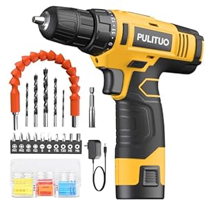 PULITUO 12V Yellow Cordless Drill Set Power Drill Kit with Battery and Charger,electric drill home improvement,3/8-Inch Keyless Chuck,Built-in LED,21+1 Torque Setting small drill