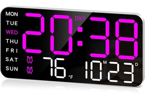 Image of EASEPRES Digital Wall Clock 9 inch LED Large Display, Electronic Wall Mounted & Desk Clock, Day Date Temperature Dual Alarm, 5-Level Adjustable Brightness, USB Powered for Bedroom Office Home (Purple)