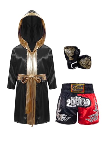 ranrann Ensemble Boxe Enfant Garçon Peignoir Short Gants de Boxe Muay Thai Combat Shorts Arts Martiaux Boxer Kickboxing Entraînement Or Noir 5-6 Ans