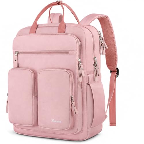 Mancro College Backpack for Women, 15.6 Inch TSA Laptop Bookbag with Mutiple Pockets, Large Capacity Book Bag for Teen Girl Students Casual Daypack Travel Backpacks, Pink