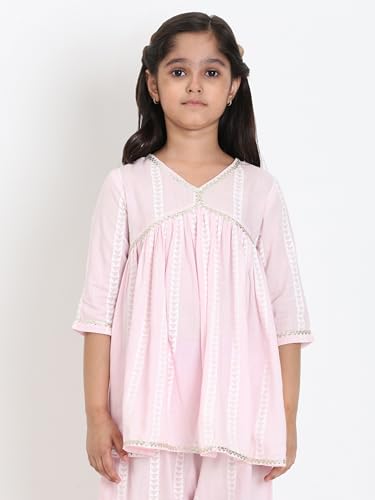 Image of Maaesa Girls' Light Pink & White Striped Cotton Alia Kurta and Afghani Pants Set | Sleeves | V-Neck with Metallic Trim | Lightweight & Breathable | Festive & Casual Wear