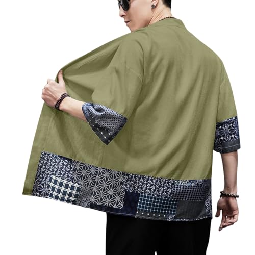 Image of PRIJOUHE Men's Kimono Jackets Cardigan Lightweight Casual Cotton Blends Linen Seven Sleeves Open Front Coat Outwear