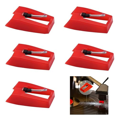 Yoezuo 5 Piezas Aguja para Tocadiscos, Universale Agujas de Repuesto para Tocadiscos, Compatibles con Gramófonos y Tocadiscos Vintage (Rojo)