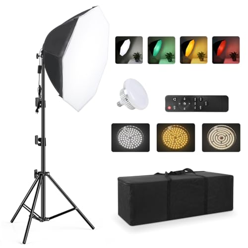 Kit d'éclairage continu pour appareil photo, vidéo, studio de photographie avec boîte à lumière octogonale de 71,1 x 71,1 cm et ampoule super lumineuse à intensité variable/écran couleur en nylon