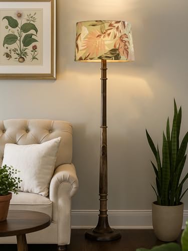 Image of Rustic Wood Floor Lamp for Living Room Walnut Brown with Multicolor Fabric Lamp Shade | Light Decoration for Home Side Lamp for Living Room | Antique Floor Light, (Candlestick Palm Leaf)