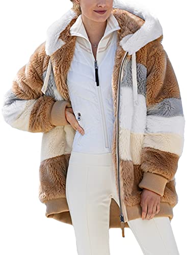 Dokotoo Womens Winter Casual Fuzzy Warm Fleece Jacket Oversized Color Block Patchwork Fall Warm Open Front Hooded Long Sleeve Cardigans Zipper Coats For Women Outerwear With Pockets Khaki X-Large #TOP15