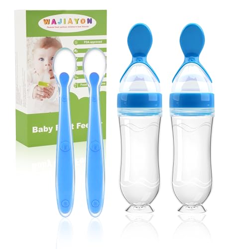 Baby Food Feeder 4 Pack Silicone Baby Food Dispensing Spoon-3 oz Squeeze Feeding Spoons with Suction Cup for Boys Girl Kids Toddlers - Self Feeding Bottle Spoon-Blue