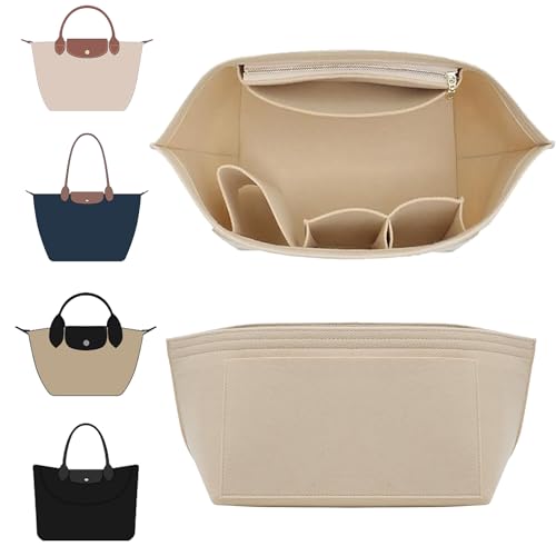 Image of Doxo Longchamp Organizer Insert Large, Felt Bag Organizer with Cup Holder,Suitable for le pliage Handbag More(Beige,L)