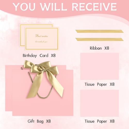Image of JMANNI Gift Bags with Handles, 13 inch Medium Gift Bag for Presents, 8 Pcs Bags with 16 Tissue Paper and 8 Cards for Baby Shower Wedding Bridal Shower Mother's Day Birthday Party(pink)