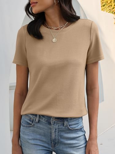 Image of ANRABESS Womens Waffle Knit Tops Short Sleeve Crewneck Shirts Curved Hem Summer Dressy Casual Blouses Spring Fashion Clothing