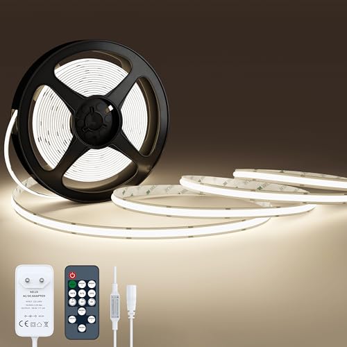 NELUX Tira LED COB Interior Blanco Neutro 5m, Luces LED Cocina Blanca Decoración Habitación, LED Strip Light 24V, Regulable, Adhesiva, 480LED/m, 4000K. Incluye Mando a Distancia y Adaptador.