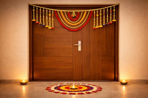 Image of iHandikart Decorative Multicolor Pom Pom and Beads Door Toran, 40 Inch Decorative Toran for Entrance, Home & Festive Decor, Traditional Toran for Diwali & Housewarming Gifts (RK-T175)