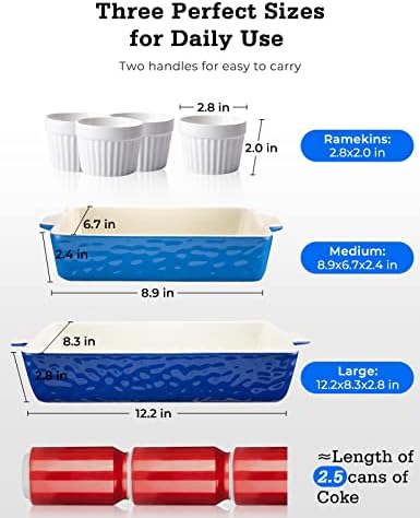 Ceramic Baking Dish and Ramekins Set Casserole Dish with Handles Packaging Upgrade Nonstick Ceramic Bakeware Ramekins Bowls for Baking Souffle, Cooking, Cakes, Lasagna & Gift, Blue