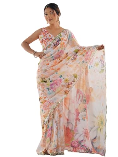 Image of Panzora Women's Chinon Printed Saree With Unstitched Blouse Piece