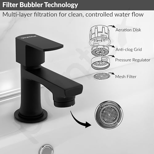 Image of Plantex Pillar Tap for Wash Basin with Water Saving Aerator and Brass Spindle /Quarter Turn Basin Tap with Teflon Tape /Pillar Cocke for Wash Basin - Pack of 1 (Saga, Black)