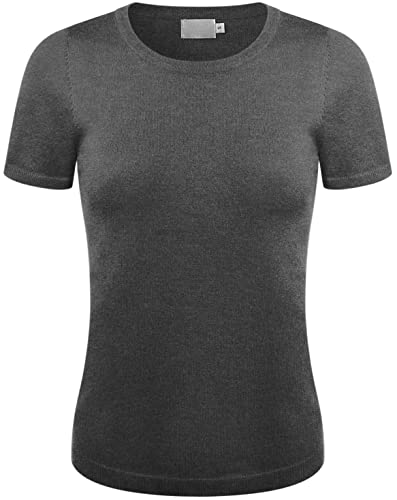 Comfy World Women's Classic Sweater Top Solid Crew Neck Short Sleeve Soft Knit Stretch Pullover Slim Fit Ribbed Hem Charcoalgray S #TOP6