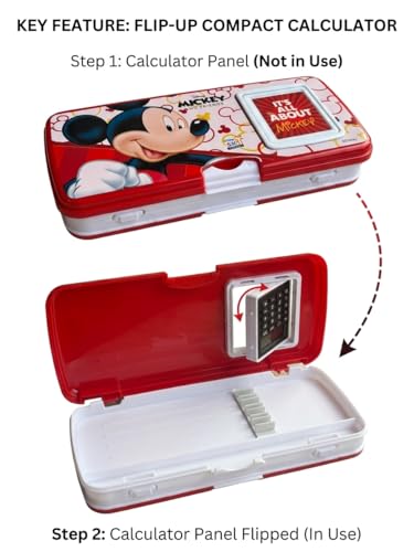 Image of SKi Homeware Pencil Box with Calculator, WHITEBOARD and A Marker | Free Stationery | Ideal for School Kids | Gift for Party Favours or Birthdays | Mickey