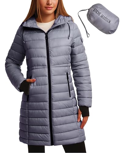 Steve Madden Womens Packable Puffer Jacket - Insulated Puffer Hooded Long Parka Coat - Quilted Warm Winter Jackets for Women, Size X-Large, Light Grey