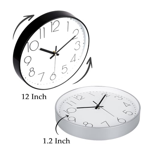 Image of 2 Pack Black&Silver Wall Clock 12 inch Silent Wall Clocks Battery Operated | Office Kitchen Living Room Bedroom
