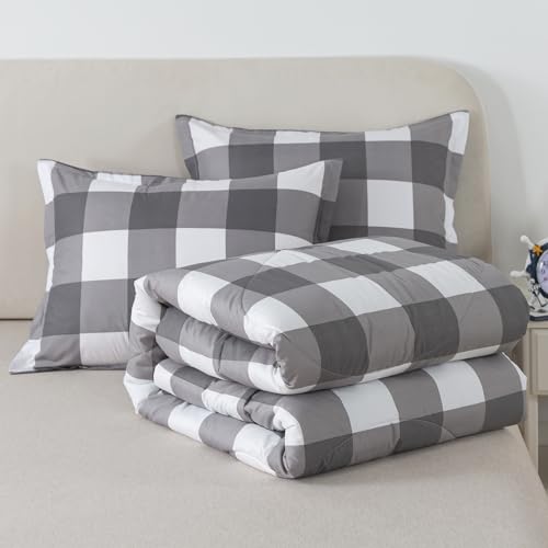 Image of Caressma Full Size Plaid Comforter Set, Gray Buffalo Check Bedding Set | Classic Gingham Pattern Print Soft Microfiber 3 Pieces Boy Comforter Bed Set with Pillowshams for All Seasons