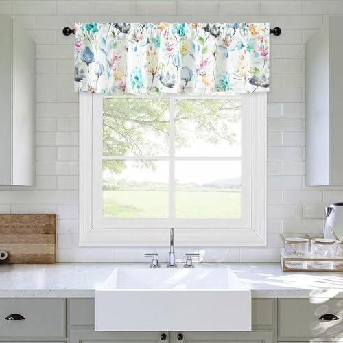 Leeva Colorful Print Valances for Kitchen Windows, Rod Pocket Farmhouse Style Watercolor Flower Short Curtain & Drapes for Bathroom Cafe, 1 Piece, 52 x 14