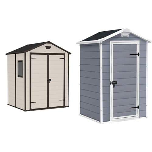 Keter Manor Outdoor Apex Double Door Garden Storage Shed 6 x 5ft Beige Brown Wood effect & Manor Outdoor Garden Storage Shed, Grey, 4 x 3 ft