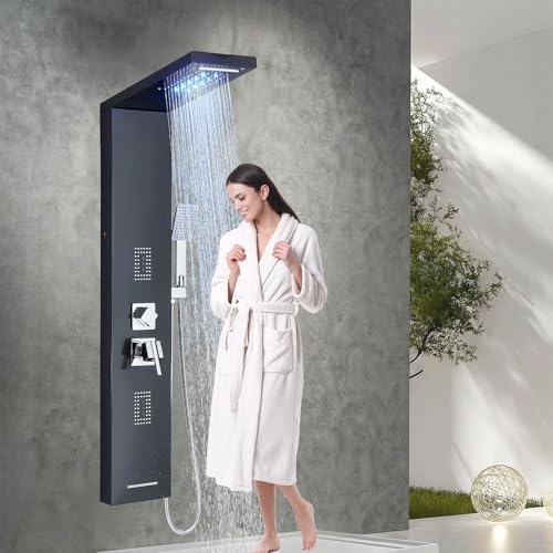 LLFFSSDG Panel de Ducha de Acero Inoxidable Sistema de Panel de Ducha LED Columna Ducha Hidromasaje Panel de ducha con Lluvia, Cascada, Masaje y ducha de mano