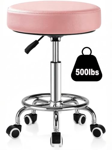 Image of Adjustable Rolling Stool with Wheels 500lb,Thick 9.5cm Cushion,30-Second Assembly,Heavy Duty Round Rolling Stool with Footrest,Patent Leather for Drafting Stool Chair Work Spa Salon Seat（Pink）