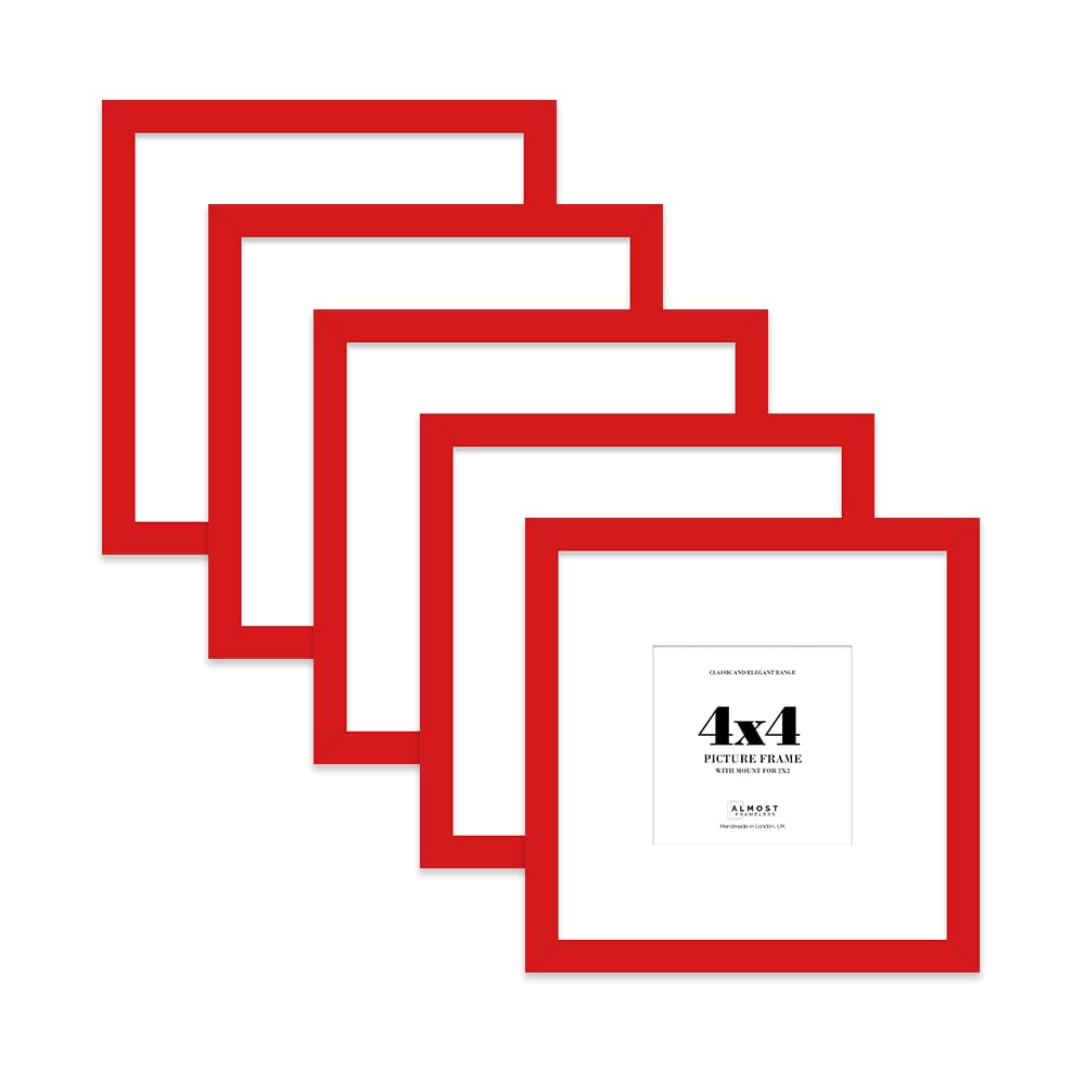 4x4 Red Picture Frame with Mount for 2x2 Photos, Prints - Modern Square Wall Frame, Set of 5