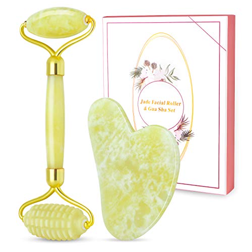 Jade Roller for Face, Facial Roller and Gua Sha Kits, Natural Jade Stone Face Massager, Face Roller Massage Tools for Reducing Wrinkles