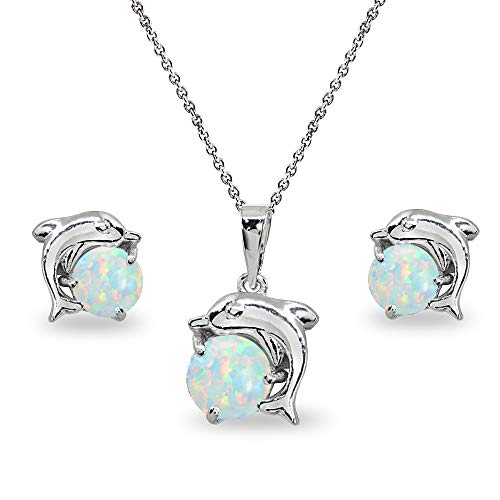 B. BRILLIANT Sterling Silver Genuine or Synthetic Gemstone Round-Cut Dolphin Animal Dainty Pendant Necklace & Stud Earrings Set