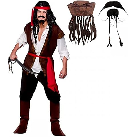 A2ZFD Erwachsenenkostüm für Herren, Karibik-Kapitän Jack, Piraten-Kostüm, Hut mit Haaren und Perlen, Bart und Tash Cover